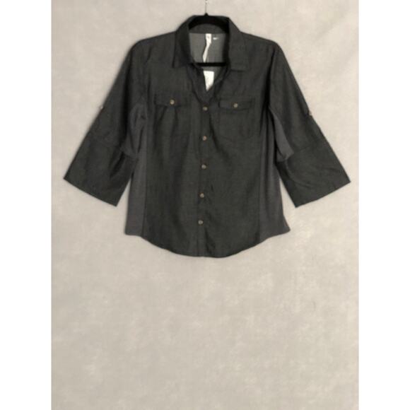 NY Collection Petite Women's PM Chambray Knit Panel Button Down Top Charcoal NEW - Picture 1 of 7